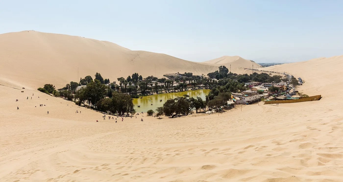 Huacachina lagoon with palm trees surrounded by tall sand dunes near Ica