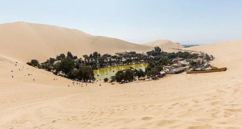 Huacachina lagoon with palm trees surrounded by tall sand dunes near Ica