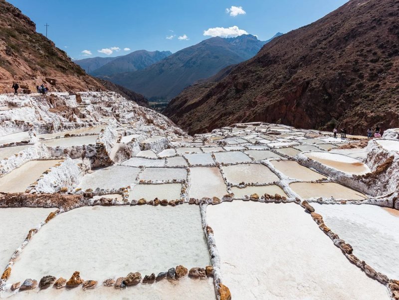 Salt pools of Maras with workers harvesting