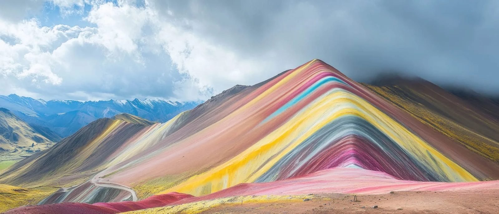 Striped red, yellow and green ridge of Vinicunca with hikers on the viewpoint path under a blue sky