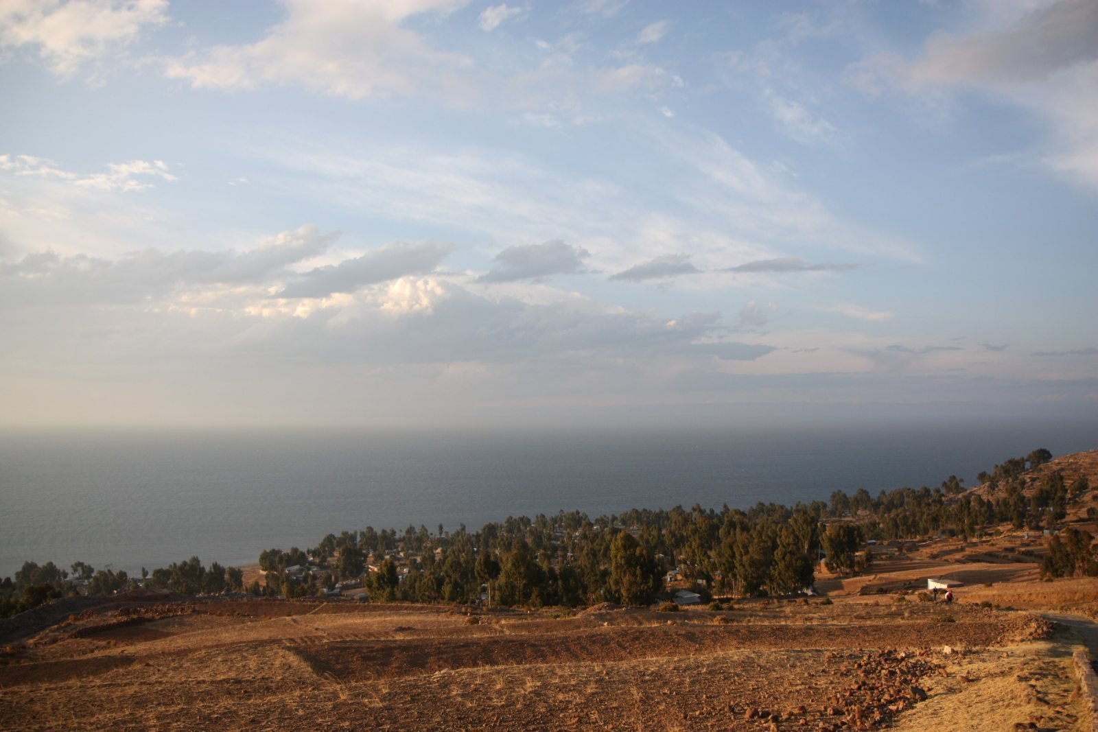 View over Lake Titicaca from the fields of Amantani island