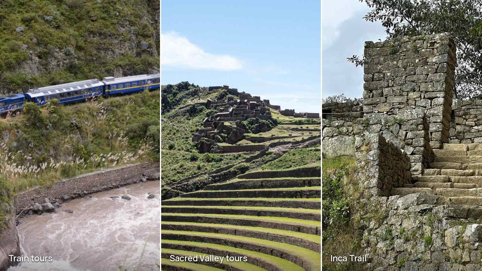 Three photos side by side: a blue PeruRail train above the Urubamba River, the Inca terraces of Pisac in the Sacred Valley, and the stone steps of the Sun Gate on the Inca Trail