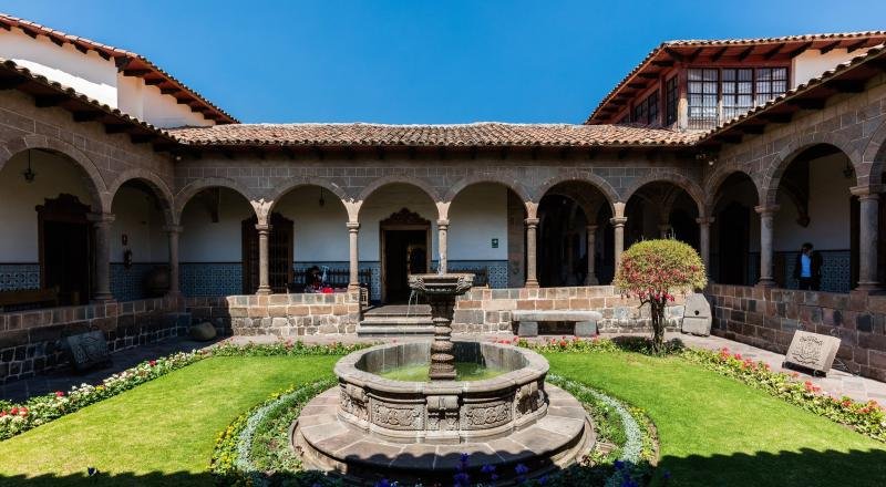 Cusco Arched courtyard and fountain of the Archbishop's Palace on Hatun Rumiyoc street in Cusco