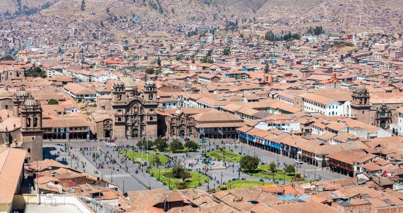Tiled rooftops of Cusco around the Plaza de Armas seen from above