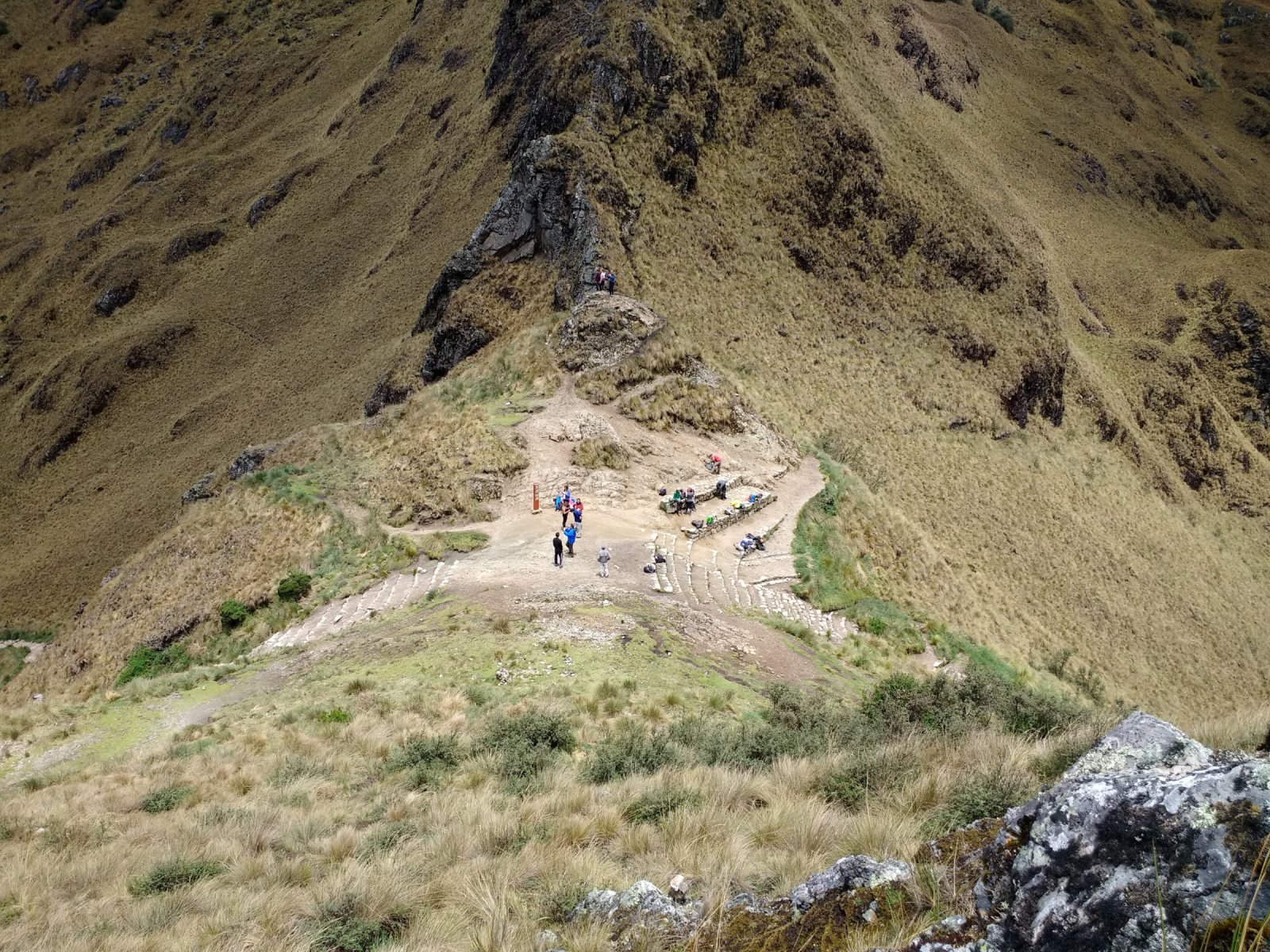 Hikers resting at Dead Woman's Pass seen from above on the Inca Trail