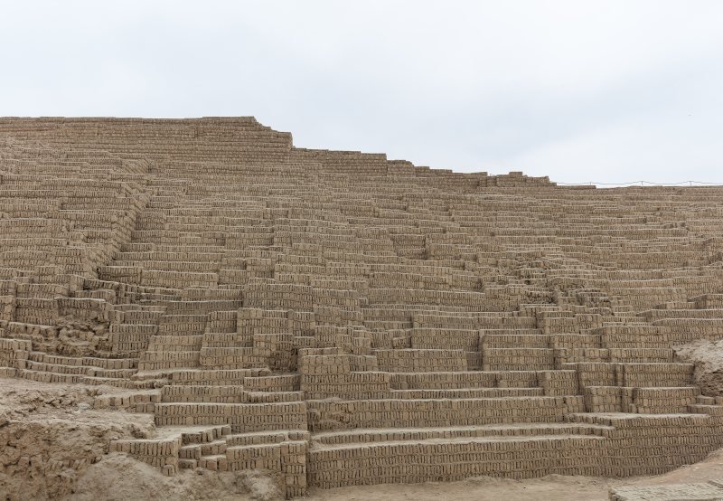 Stepped adobe brick walls of Huaca Pucllana in Miraflores, Lima