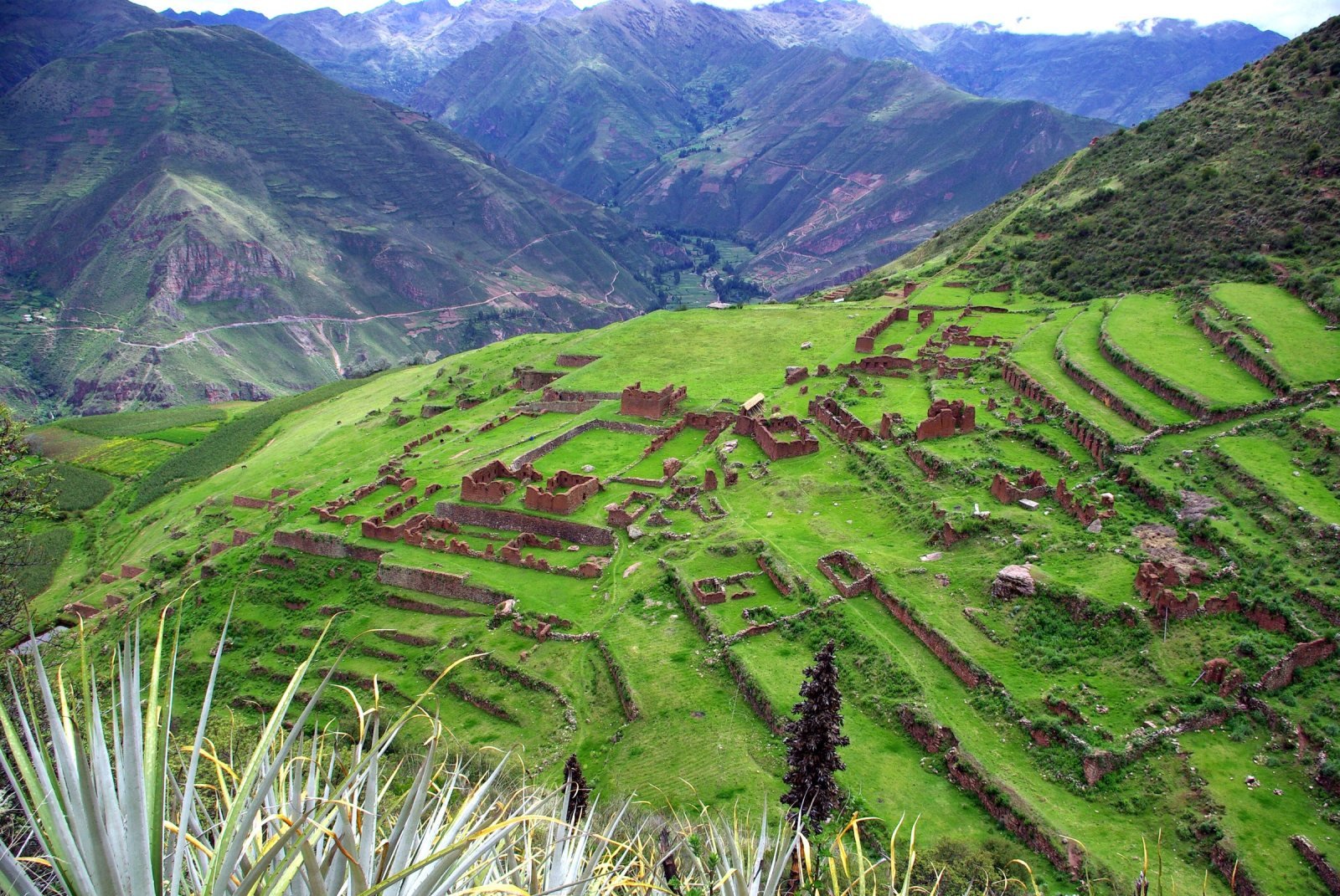 Green terraces and stone foundations of Huchuy Qosqo with the valley mountains behind