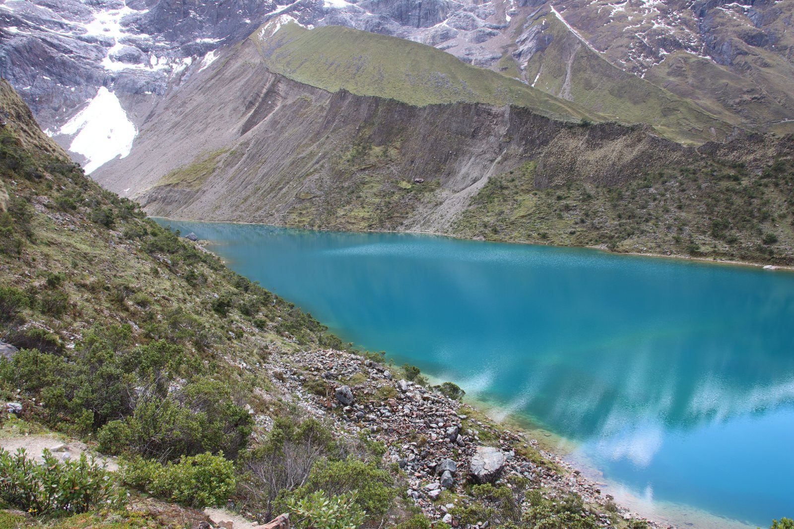 Turquoise water of Humantay Lake below the snowfields of Nevado Humantay