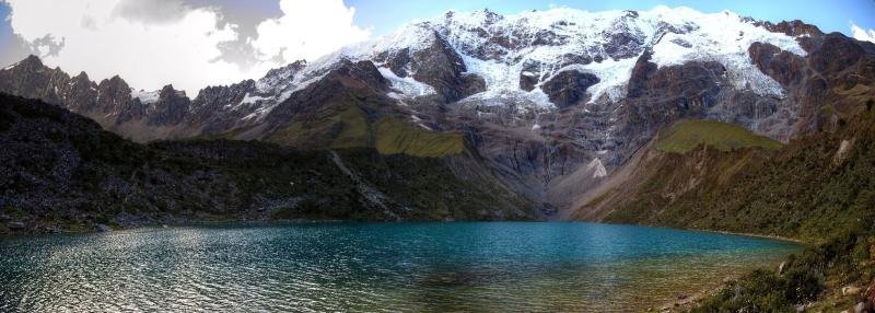 Turquoise Humantay Lake below the snowfields of Nevado Humantay