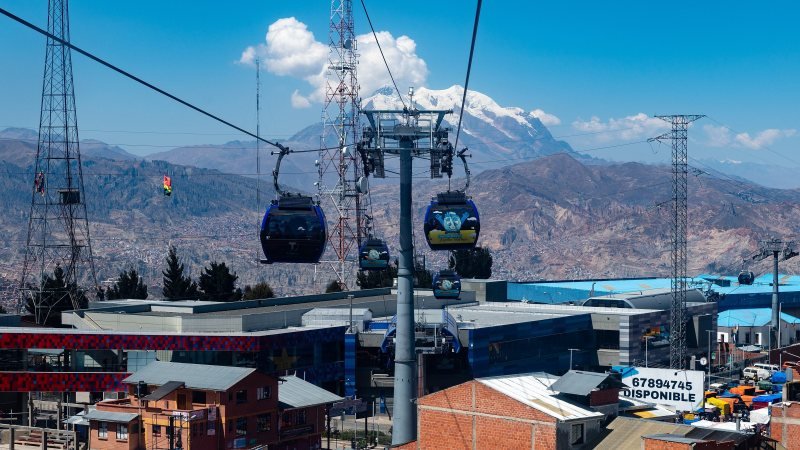 Cable cars over La Paz with snow-capped Illimani behind