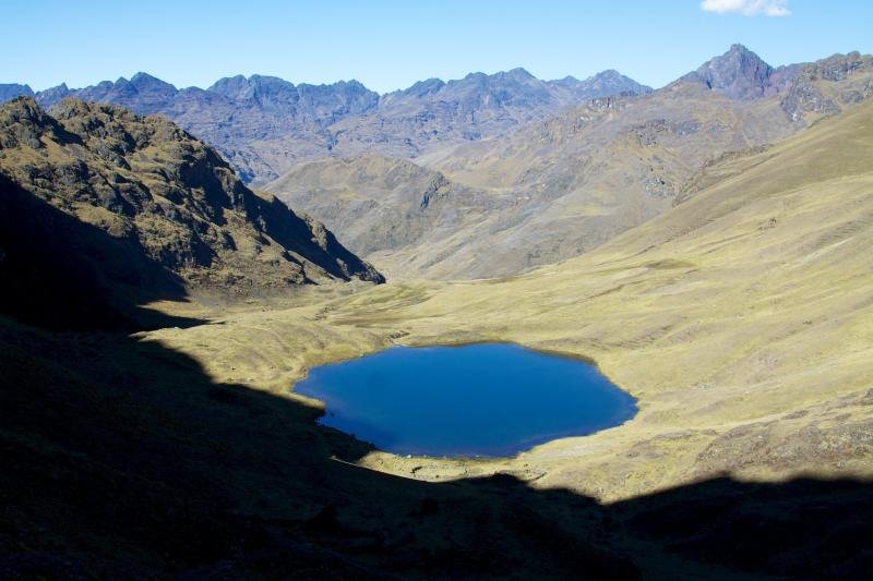 Qiwnaqucha lake in a wide mountain valley on the Lares trek