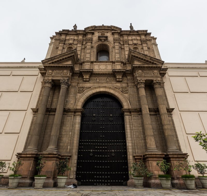 Carved stone doorway on the facade of Lima Cathedral