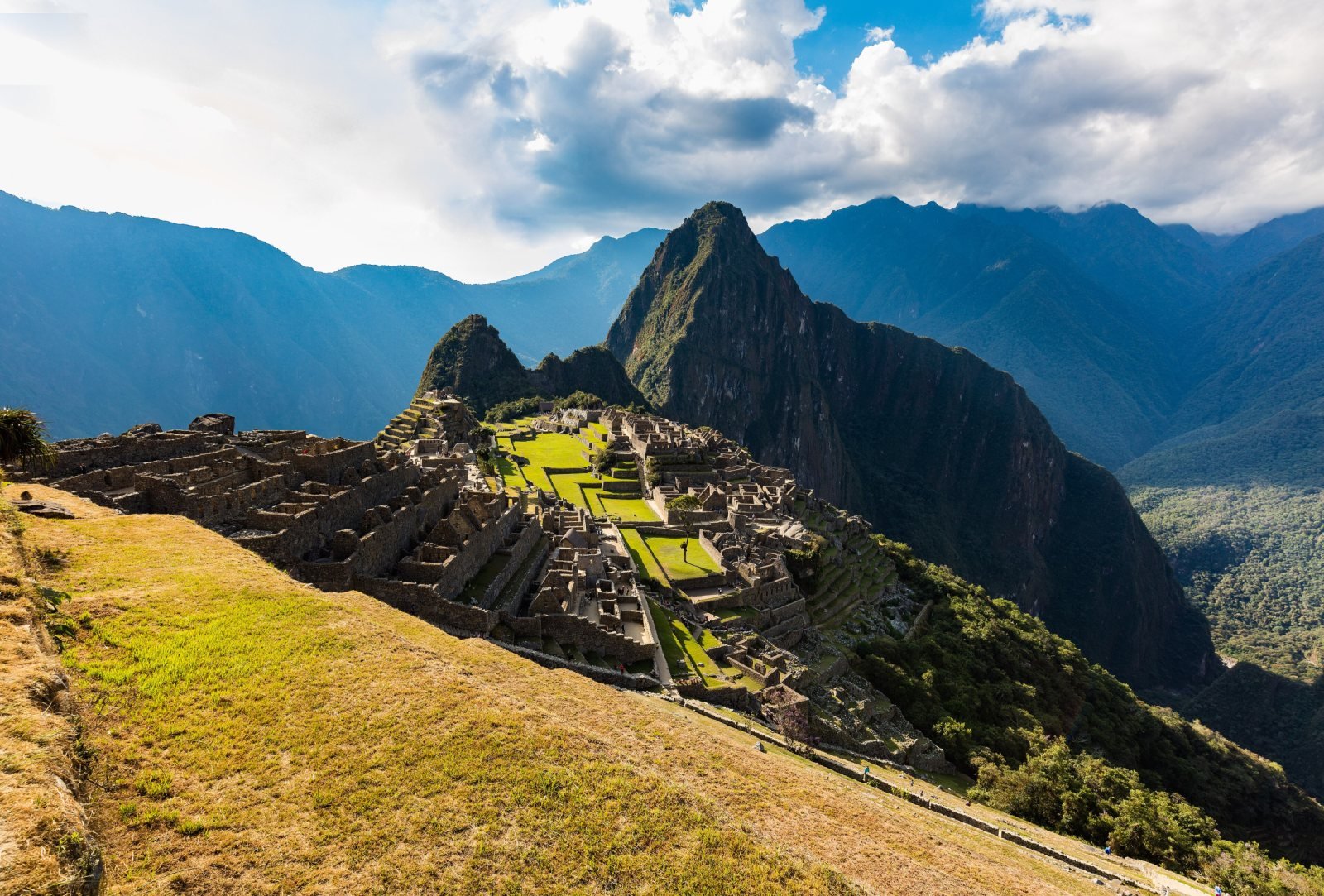 Agricultural terraces of Machu Picchu with the main plaza and Huayna Picchu beyond