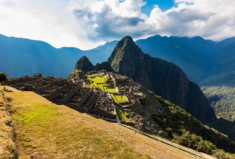 Agricultural terraces of Machu Picchu with the main plaza and Huayna Picchu beyond