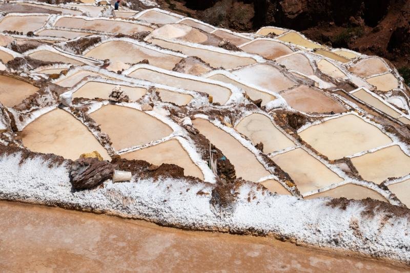 Salt pools of Maras with golden brine and white salt crusts along the edges