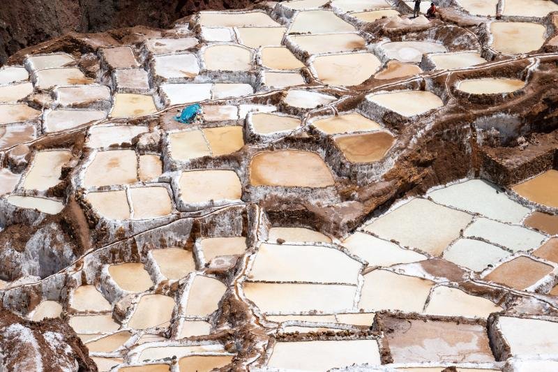 Patchwork of salt pools at the Maras salt mines in the Sacred Valley