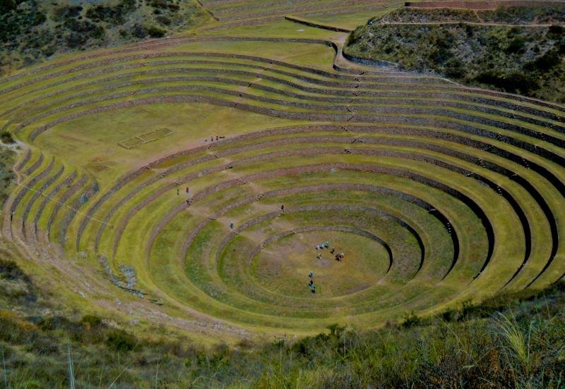 Green concentric terraces of Moray in the rainy season