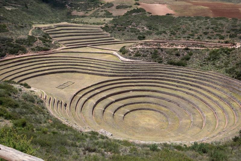 Two terraced depressions side by side at Moray on the plateau above the Sacred Valley