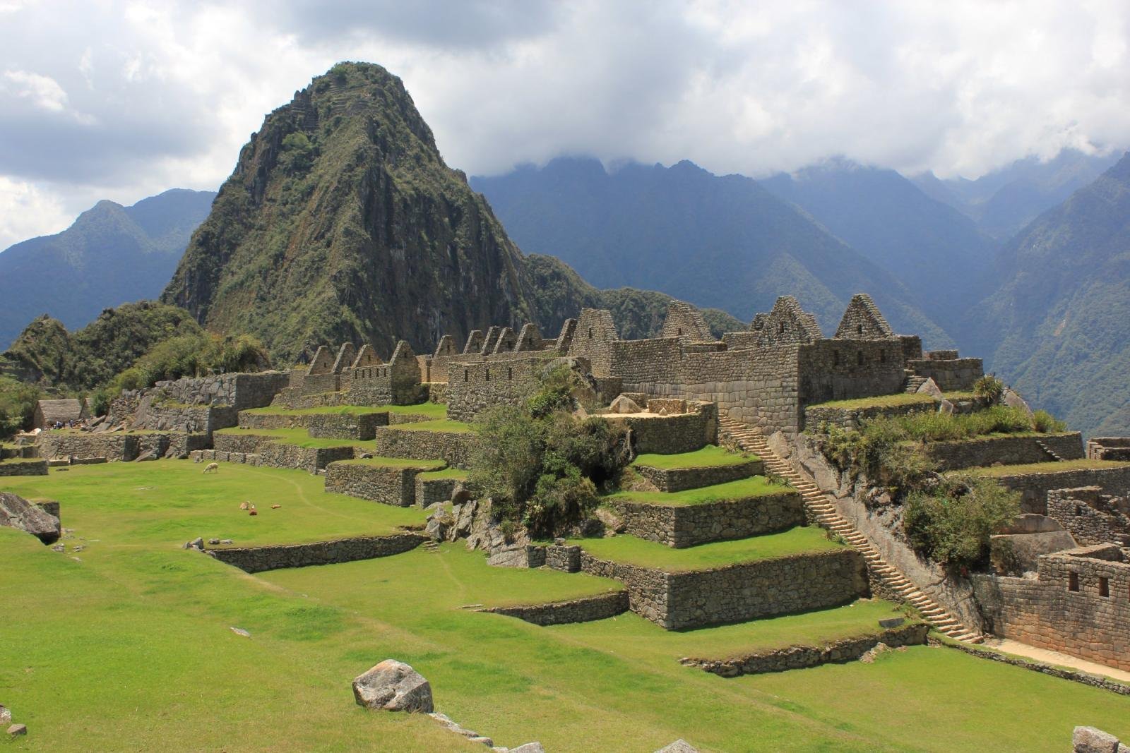 Green main plaza and stone terraces of Machu Picchu below Huayna Picchu in October