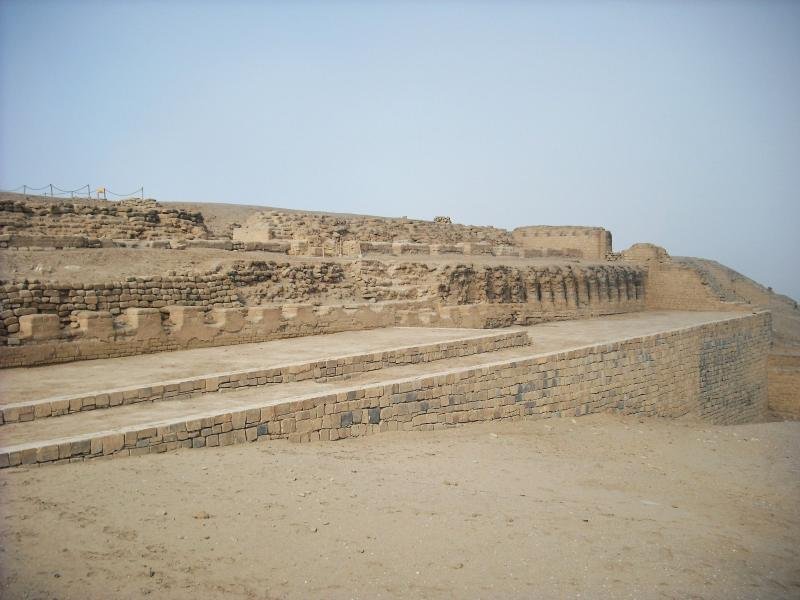 Pachacamac, Temple of the Sun Terraced adobe platforms of the Temple of the Sun at Pachacamac under a clear sky