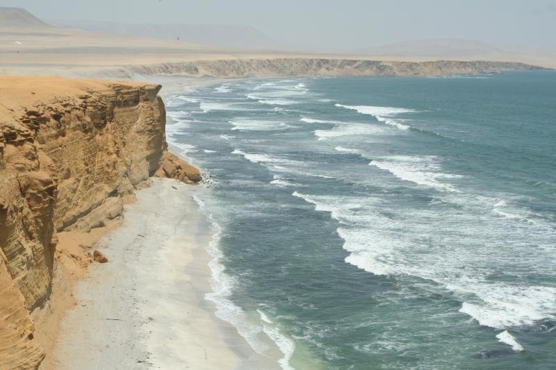 Ochre cliffs and a wide sandy beach on the Pacific at the Paracas National Reserve