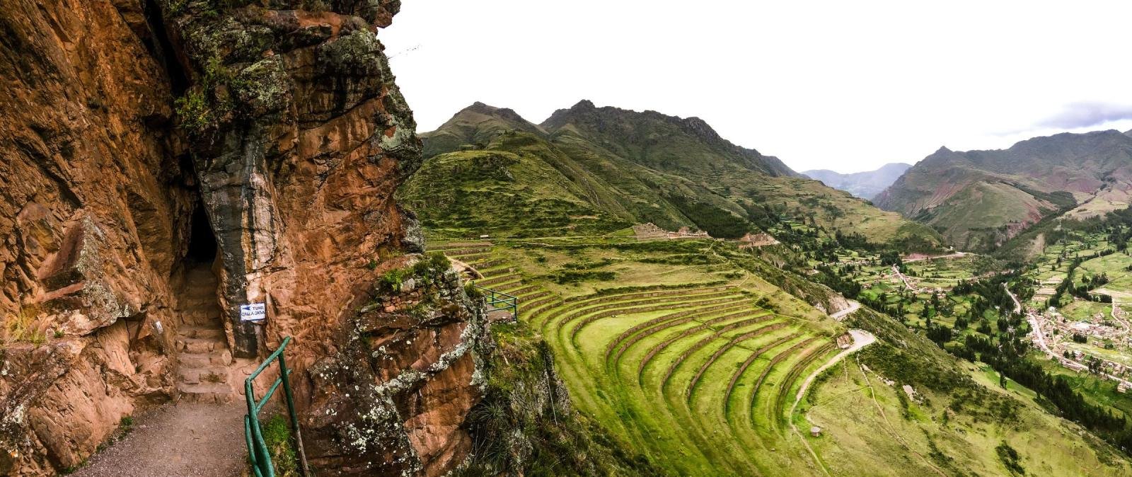Inca terraces of Pisac curving above the Sacred Valley