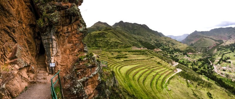 Inca terraces of Pisac curving above the Sacred Valley