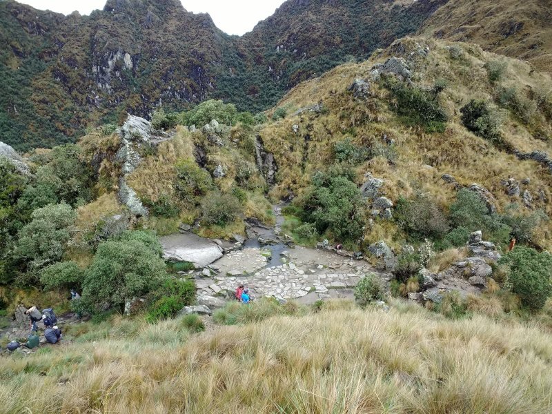 Inca Trail path descending from the Runkurakay pass into a green valley