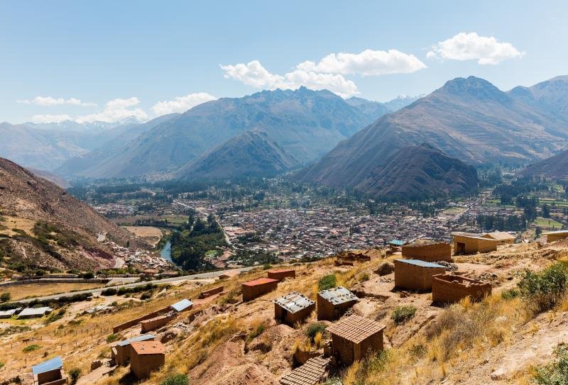 Urubamba town on the floor of the Sacred Valley below the mountains