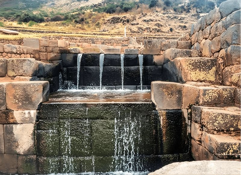 Water flowing over the stone channels of the Tipon fountains